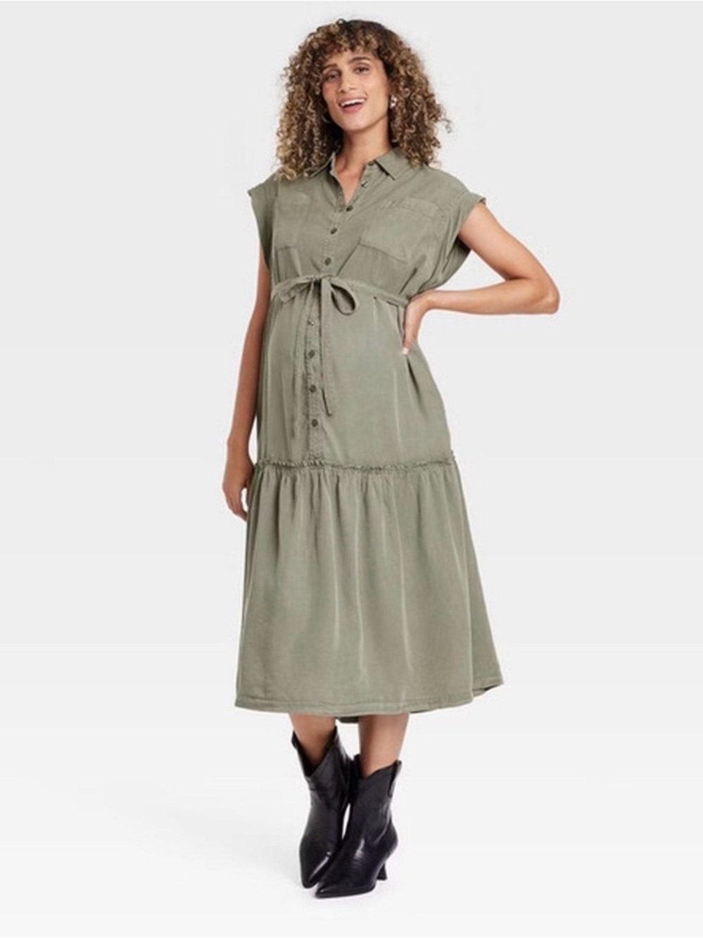 NWT Isabel by Ingrid & Isabel Olive Green Lyocell Maternity Maxi Shirt Dress